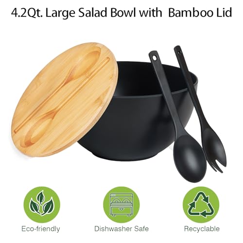 10" Large Salad Serving Bowl with Utensils in Lid (9.84 inch / Matte Black)