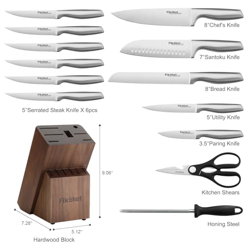 14 Pieces Knife Block Set German Stainless Steel with Sharpener (Silver + Walnut)