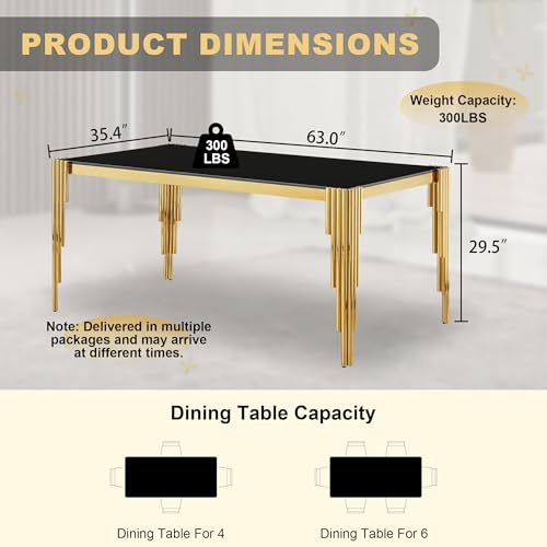 63'' Modern Glass Dining Table for 4 (Gold-black / Rectangle-62.99" L x 35.43" W x 29.53" H)