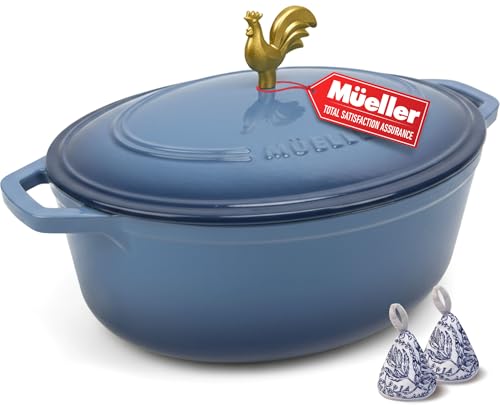 MUELLER HOME 5.5 Quart Enameled Cast Iron Oval Dutch Oven w Rooster Knob & Cotton Potholders (5.5 Quart -Oval / Mineral Blue)