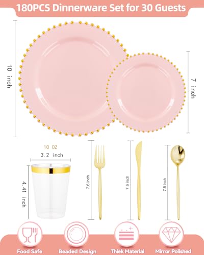 180Pcs Elegant Pink Gold Dinnerware Set for Party Wedding (Pink and Gold Plastic Dinnerware Set / 180PCS)