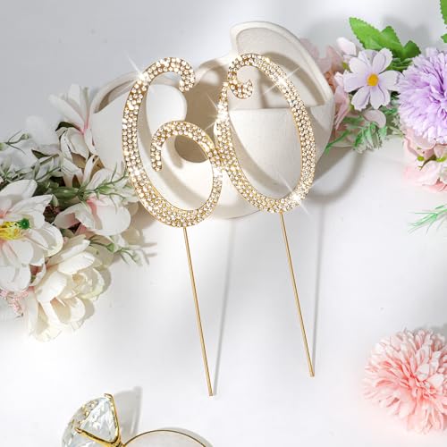 Gold 60th Birthday Cake Topper Rhinestones Cake Decorations for 60th Birthday Party (60th- Gold)