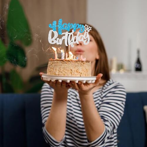 1Pcs Happy Birthday Cake Topper Glitter Happy Birthday Cake Pick for Winter Wonderland Baby Shower Theme Anniversary Party Decorations Supplies Blue Silver (Style 2 / Blue Silver)