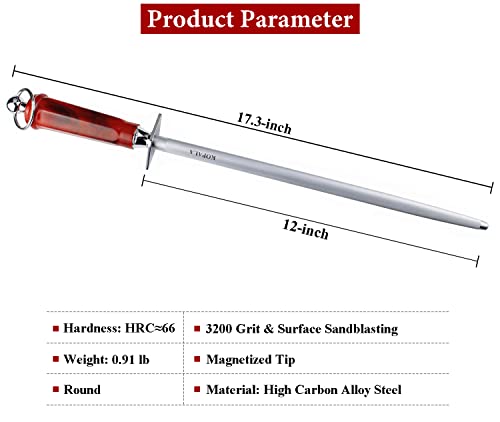 Sharpening Steel Knife Sharpener Rod Round 12 IN Honing Steel for Knife (Round 12 inches Red)