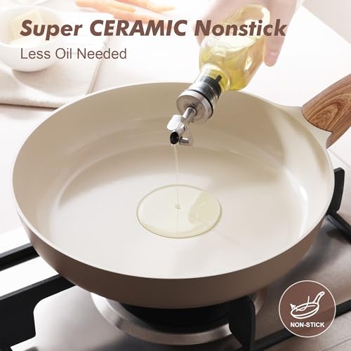 11inch Ceramic Nonstick Frying Pan Paella Pan with Lid (11 Inch / TAFFEE Taupe)
