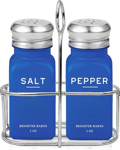 Blue Salt and Pepper Shakers Set with Holder by Brighter Barns (Blue)