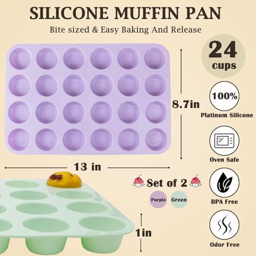 24 Cups Silicone Mini Muffin Pan Set (Set of 2--24 Cups (Green+Purple))
