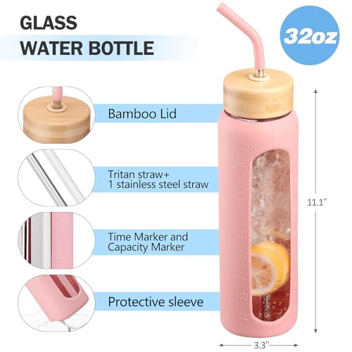 32oz Glass Water Bottle with Straw and 2 Lids (Pink / 32 Ounces)