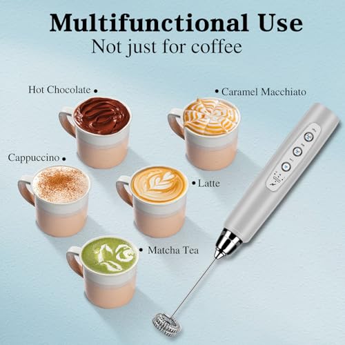 Milk Frother Wand Rechargeable Handheld Whisk Coffee 3 Speed Adjustable (Frother with stand / Silver)