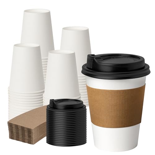 50 Pack 12 oz Disposable Coffee Cups with Lids and Sleeves (White / 12 oz)
