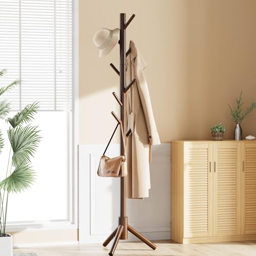 Solid Wooden Coat Rack Freestanding with 8 Hooks (Brown)
