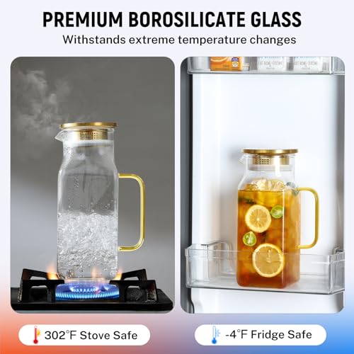 40 oz 1.2Liter Square Glass Pitcher with Lid and Spout (Gold / 40.6 Ounces)