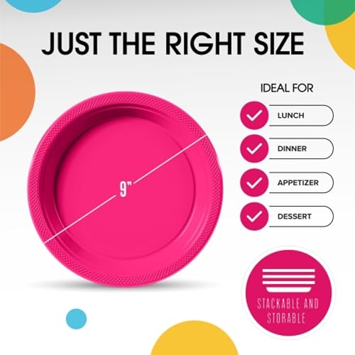 Party Solids Sturdy Hot Pink Plastic Plates 9" Party Plates 100 Pcs (9 inch / Cerise)