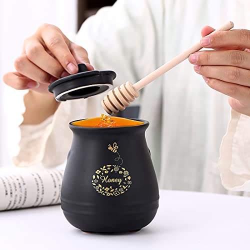 Ceramic Honey Jar With Wooden Honey Dipper (Honey Jar-Black)