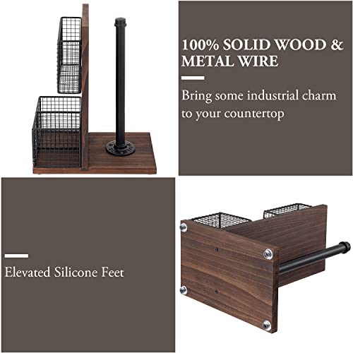3-in-1 Kitchen Organizer with Paper Towel Holder, Napkin Holder & Spice Rack - Rustic Wood & Industrial Metal Pipe Caddy for Farmhouse Dining Table (Dark Brown Set)
