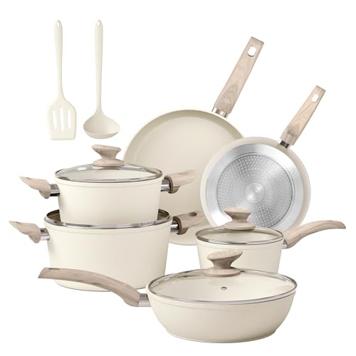 Kitchen Pots and Pans Set (Cream White / 12 Pcs Cookware Set)