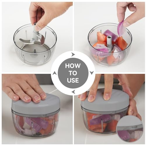 Manual Food Processor Vegetable Chopper 2.3 Cup Small Mini Hand Pull String Onion Chopper Garlic Mincer Cutter with 3 Stainless Steel Blades (Grey - 2.3 Cup)