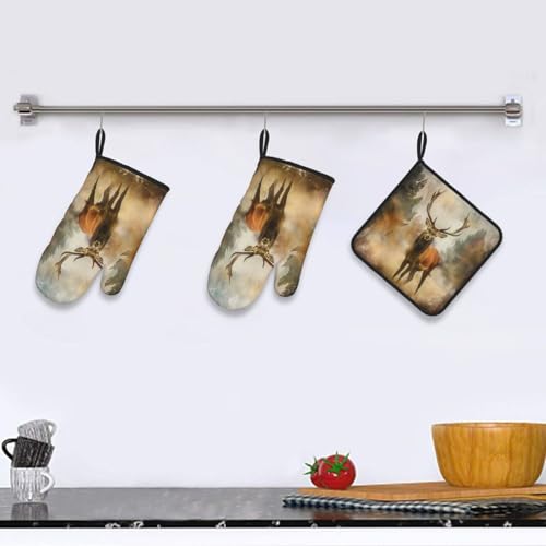 Deer Art Oven Mitts and Pot Holders Sets of 3 Heat Resistant Oven Gloves Hot Pads Non (Deer Art)