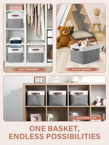 4 Pack Large Fabric Baskets for Storage 15"x11"x9.5" Storage Bins for Organizing Linen Closet Baskets with Handles (White&Grey / L-15"x11"x9.5")