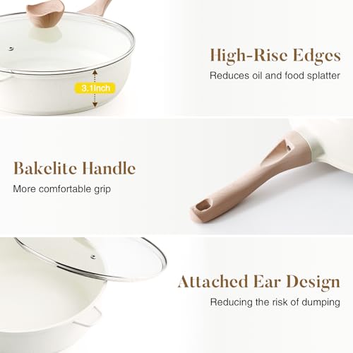 Nonstick Ceramic Deep Frying Pan Skillet with Lid (Cream Ceramic / 12 Inch)