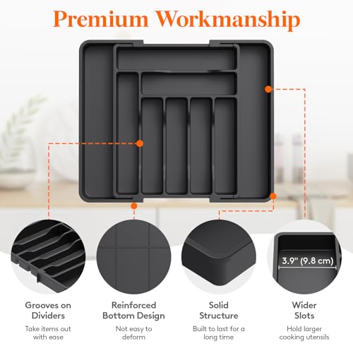 Expandable Silverware Drawer Organizer (Black / Large Deep（11.8-19.6'W x 15''D）)