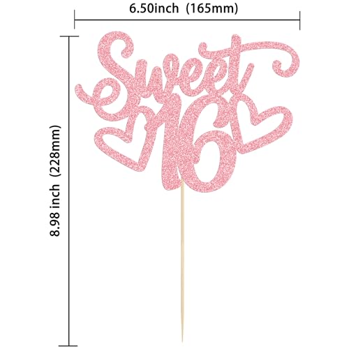 1Pc Sweet Teenager 16 Cake Topper Glitter 16th Birthday Cake Pick for Cheers to 16 Years Old 16th Birthday Party Cake Decorations Supplies Pink