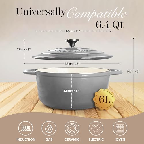 Enamelled Cast Iron Dutch Oven Pot with Lid (Grey / 6.4-Quart - Deep)