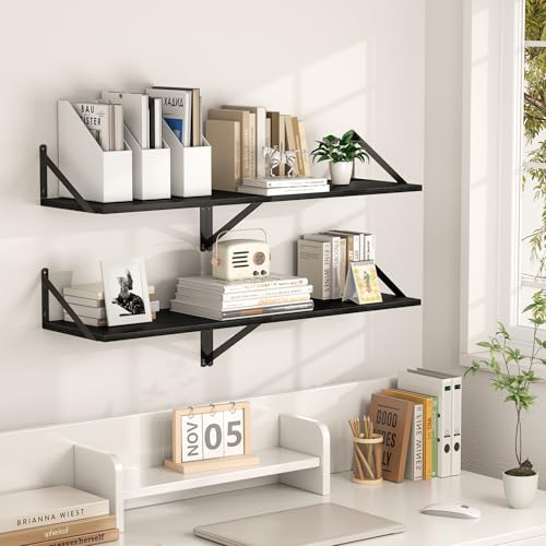 44W x 12D Deep Floating Shelves Set of 2 Black (Black With Black Metal Bracket / 44Wx12Dx5.8H)