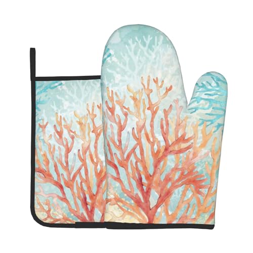 Coastal Coral Oven Mitts and Pot Holder Set of 2 Beach Ocean Heat Resistant Kitchen Oven Mittens Potholders for Baking Cooking Grilling BBQ (Coastal Coral)