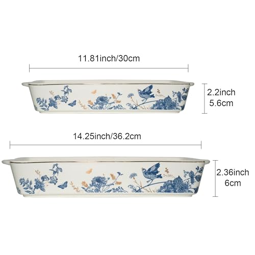 Baking Pans Set of 2 Blue flower 14 inch Ceramic for Oven Large Casserole Baking Dish Set with Handles Porcelain Bakeware Sets Casserole Dish for Oven
