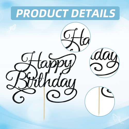 Happy Birthday Cake Topper Black Glitter Happy Birthday Cake Bunting Decoration Birthday Party Cake Decoration Supplies (Black-002)