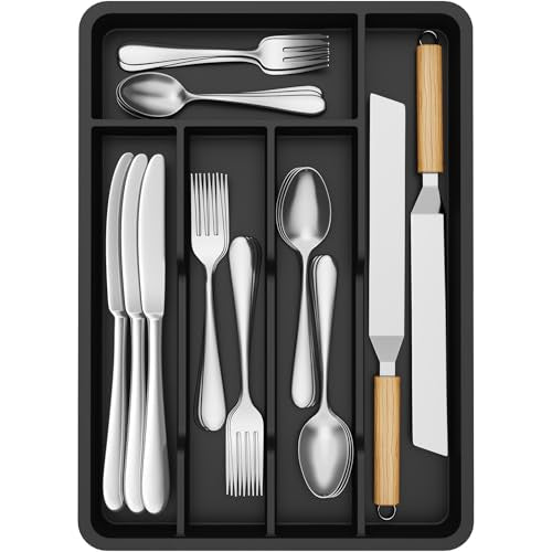 Silverware Drawer Organizer Tray (Black / 9.5 x 13.4 inch (5 Slots))