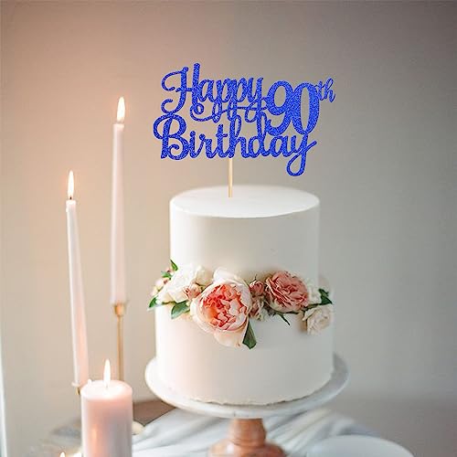 1 PCS Happy 90th Birthday Cake Topper Glitter Cheers to 90 Years Birthday Cake Pick Ninety 90 Fabulous Cake Decoration for Happy 90th Birthday Theme Party Decorations Supplies Blue (Blue / 90th)