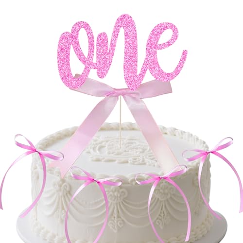 1st Birthday Cake Topper with 8 Pink Bows (17 Count)