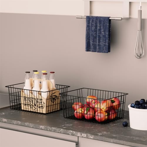 Freezer Baskets Metal Storage Organizer Bin Basket Wire Storage Basket for Kitchen Pantry Bathroom Large Metal Farmhouse Food Fruit Produce Organizer Bins (2-P / Black)