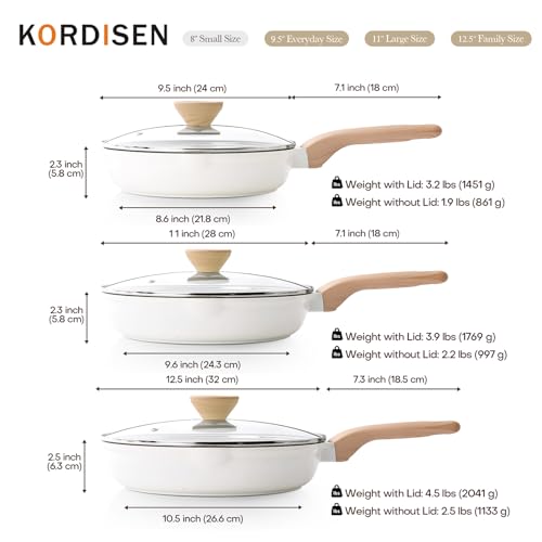 Ceramic Nonstick Frying Pan Set with Lid (White Ceramic / 9.5+11+12.5 Inch w/ Lid)