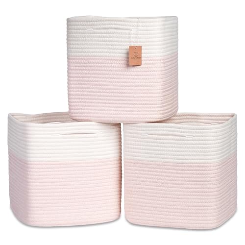 13 Inch Cube Storage Bins Cotton Rope Woven Baskets for Organizing 3 (Off White & Mixed Pink / 13 x 13 x 13 (Standard))