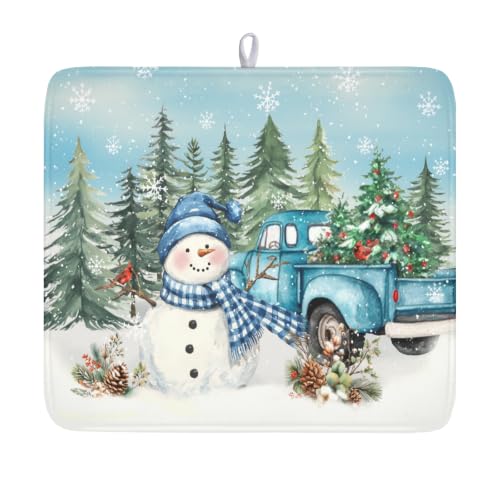 Winter Snowman Blue Dish Drying Mat Xmas Truck Dishes Pad 16"x18" Microfiber Absorbent Drainer Rack Mats Protector for Kitchen Counter Sink (Blue Snowman Truck / 16x18 inch)
