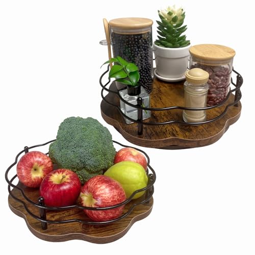 2 Pack 11" & 12" Wooden Lazy Susan Turntable with Higher Metal Sides (2 Count)