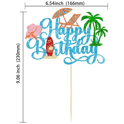 1Pcs Summer Beach Happy Birthday Cake Topper Glitter Ball Tree Umbrella Pool Cake Pick for Hawaiian Holiday Baby Shower Birthday Party Cake Decorations Supplies Blue