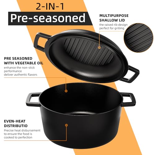 Cast Iron Dutch Oven Pot with Skillet Lid (5QT)