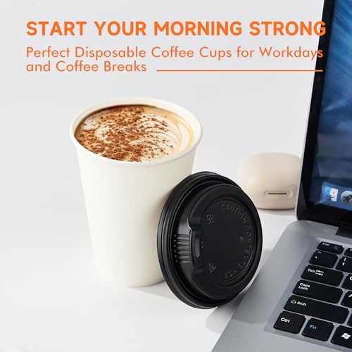 100 Pack 12 oz Disposable Coffee Cups with Lids (White / 12 oz)