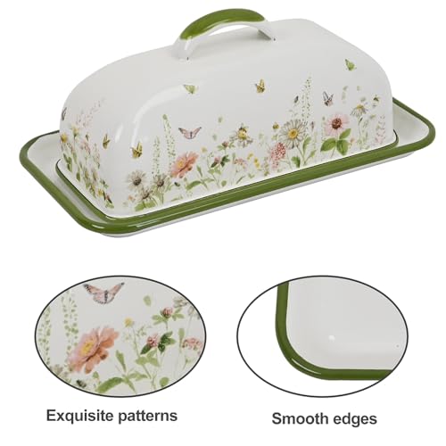 Enamel Butter Dish with Lid Vintage Enamelware Butter Keeper with Flower and Bee Patterns Farmhouse Butter holder Butter container for Kitchen Decor (Green)