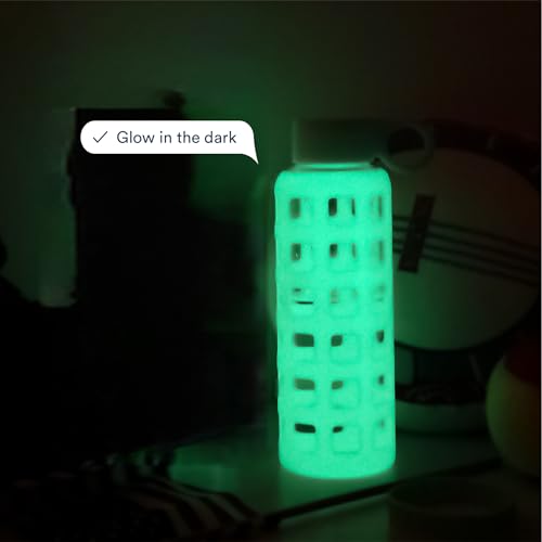 40oz / 32oz / 22oz / 12oz Borosilicate Glass Water Bottle with Time & Volume Markers, Silicone Sleeve, Stainless Steel Lid | Reusable Glass Bottle for Water & Juice (12oz Glow-in-the-Dark) (Glow-in-the-Dark (1 Count) / 12 Ounces)