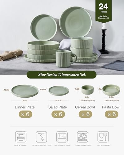 Star Stoneware Dinnerware Sets with Pasta Bowls (Matte Sage Green)
