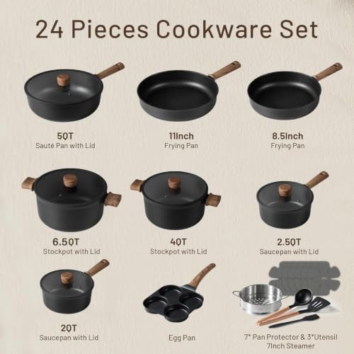 24pcs Nonstick Cookware Sets (Black / 24 pieces)