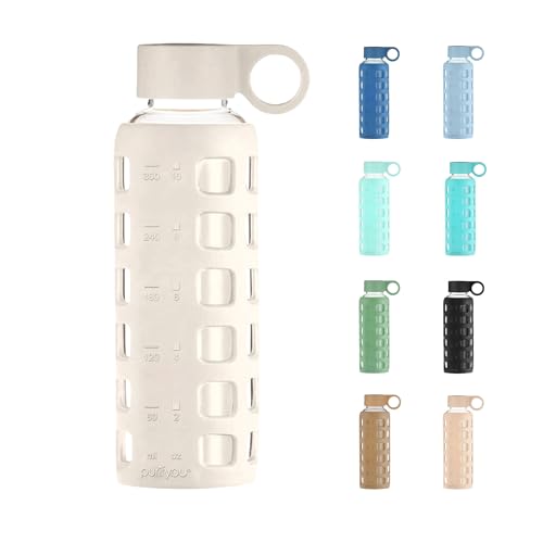 40oz / 32oz / 22oz / 12oz Borosilicate Glass Water Bottle with Time & Volume Markers, Silicone Sleeve, Stainless Steel Lid | Reusable Glass Bottle for Water & Juice (12oz Pearled Ivory) (Pearled Ivory (1 Count) / 12 Ounces)
