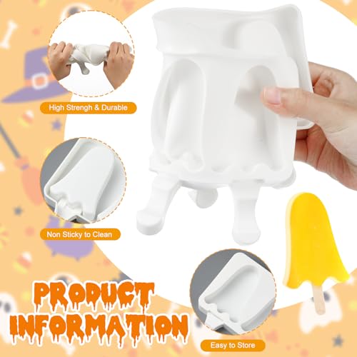 Halloween Ghost Shaped Mold Large 4 Cavity Reusable Silicone Cakesicle Cake Pop Ice Cream Mold for Halloween Adults Homemade Ice Cream Chocolate Candy DIY Trick Dessert Decorating (Ghost)