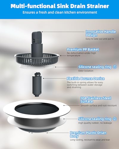 3 in 1 Kitchen Sink Drain Strainer and Stopper Combo (Stainless-wrap Shell with 1 Strainer)