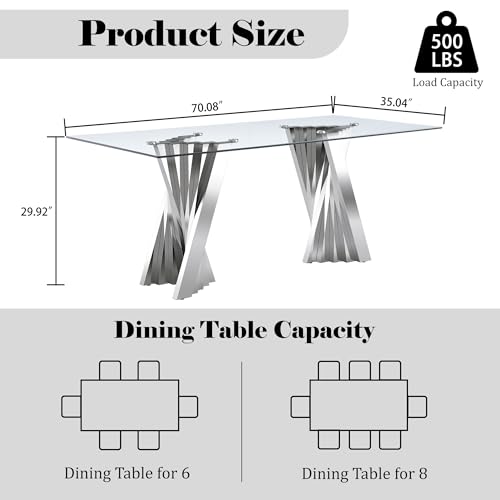 70" Modern Glass Silver Dining Table for 6 (Silver-70" Dining Table)
